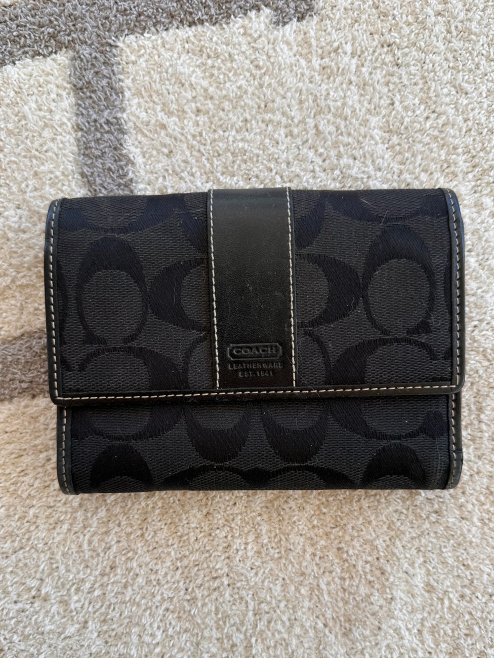 Coach Black Signature Canvas Trifold Wallet with Leather Trim
